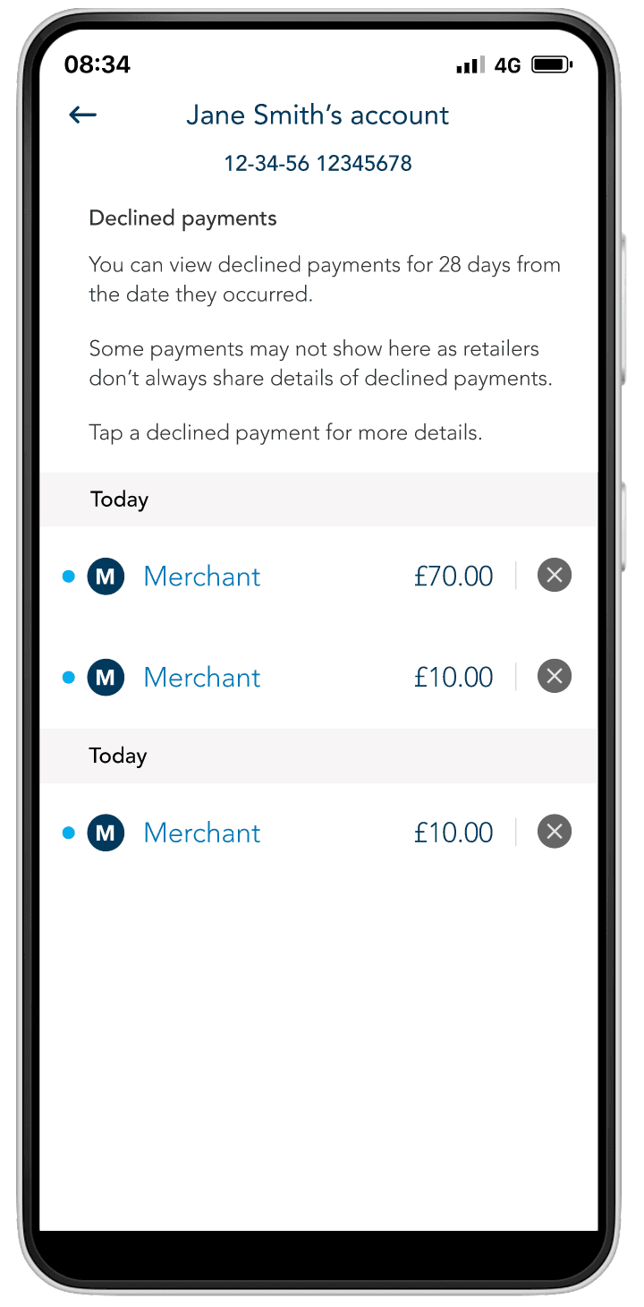 Mobile banking screen explaining a payment issue