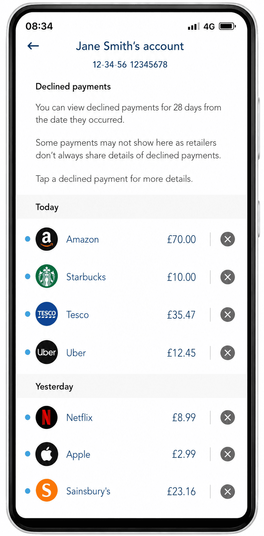 Mobile banking screen explaining a payment issue