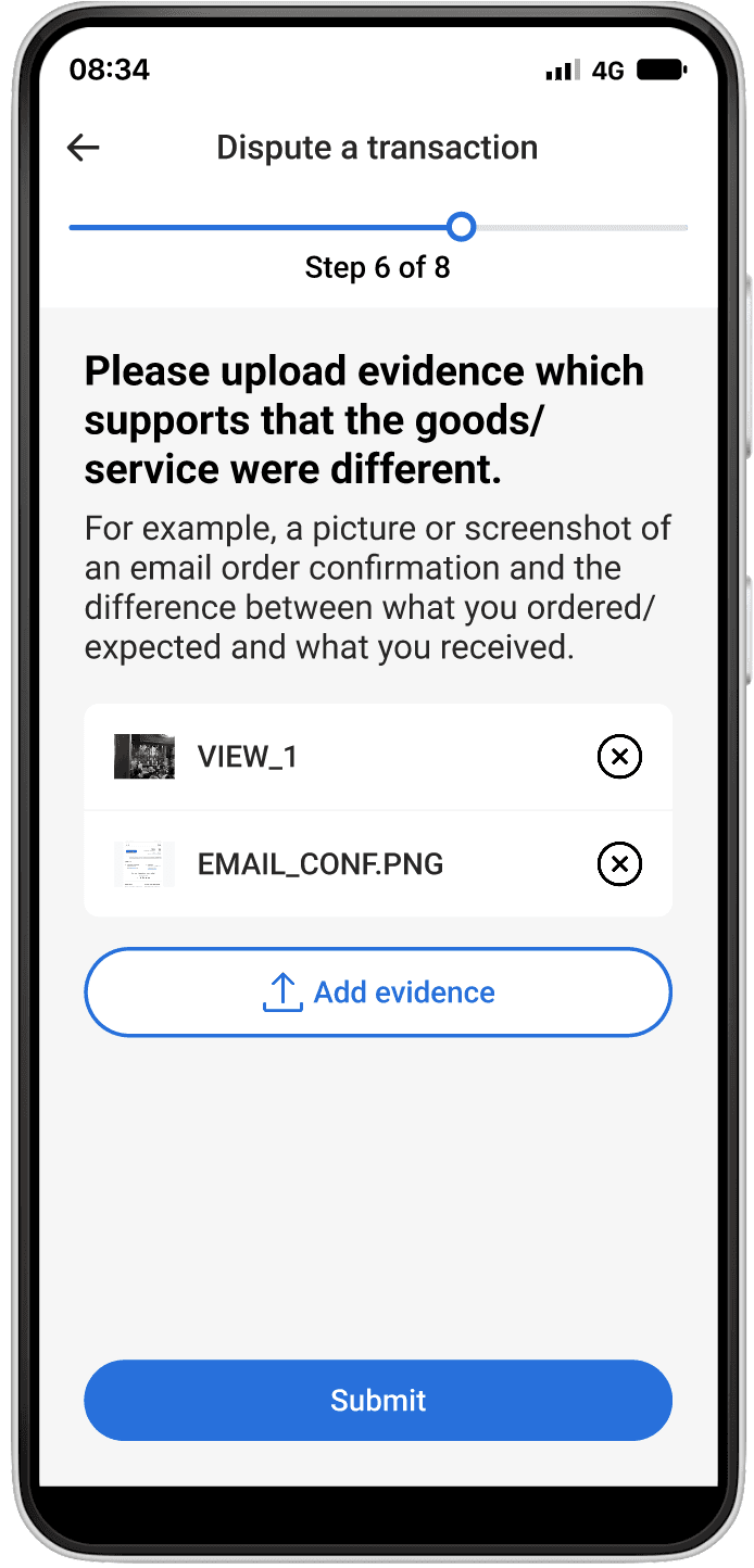 Mobile flow for uploading dispute evidence