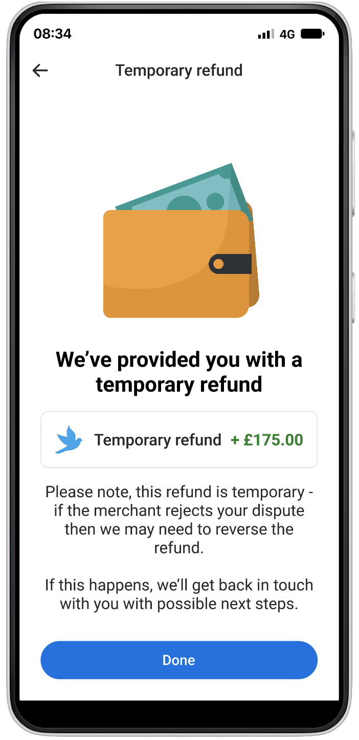 Mobile confirmation of a temporary refund